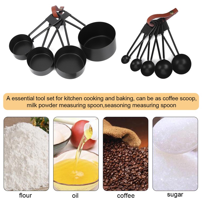 9PCS Black Stainless Steel Measuring Cups Set Coffee Spoon with