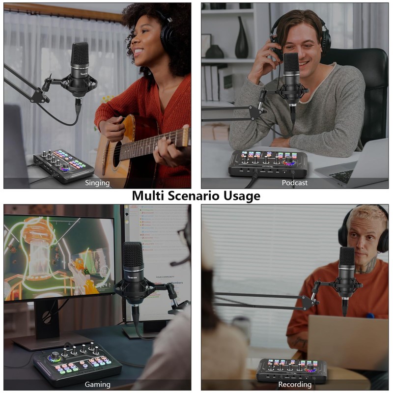 Podcast Equipment Bundle, Audio Interface with DJ Mixer and Condenser