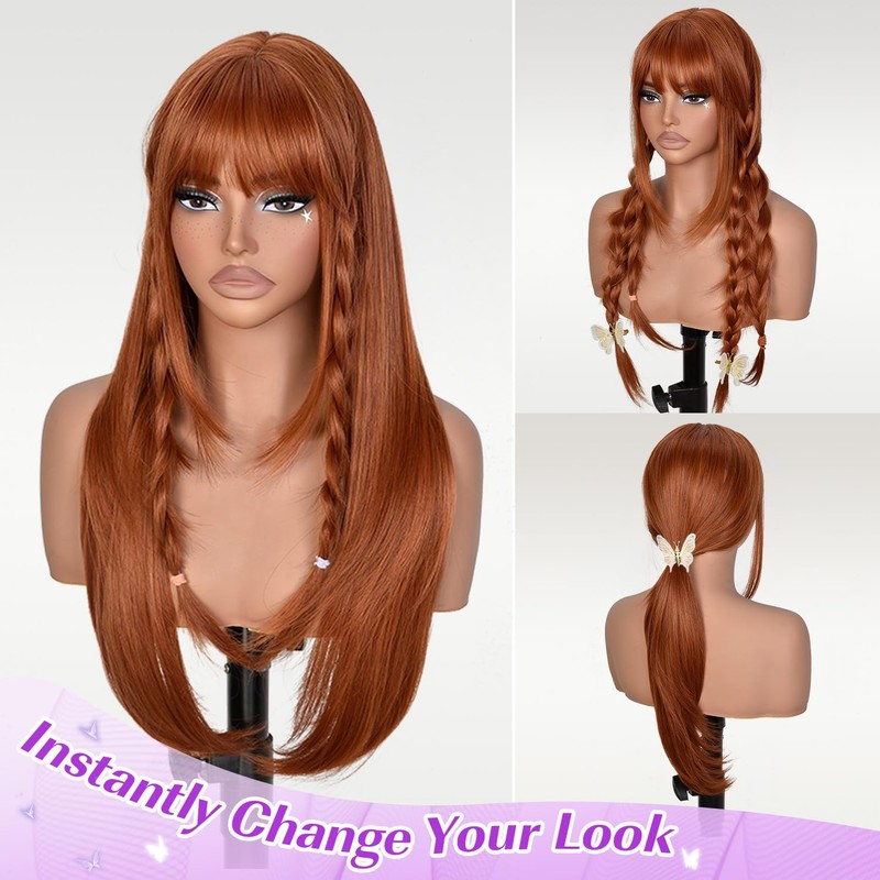 Long Layered Ginger Wig with Bangs Straight Synthetic Wig for