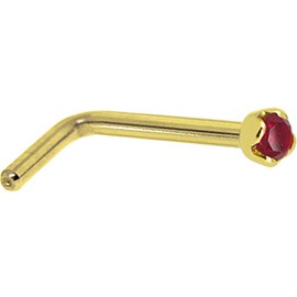 Body Candy Solid 18k Yellow Gold 1.5mm Genuine Ruby L Shaped Nose Stud Ring 20 Gauge 1/4"