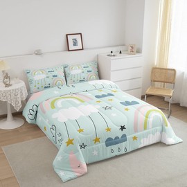 Kids Kawaii Comforter Set For Girls Boys Queen Rainbow Moon Stars Comforter Set Cute Cartoon Cloud Bedding Comforters Scandinavian Style Doodle Quilt Duvet Sets Children Bedroom Decor 2 Pillow Cases