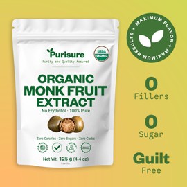 Organic Monk Fruit Sweetener, 125g (4.41oz), No Fillers Pure USDA Organic Monk Fruit Extract Powder with No Aftertaste, Zero Calorie & Zero Carbs, Keto & Paleo Friendly 320-403 Servings