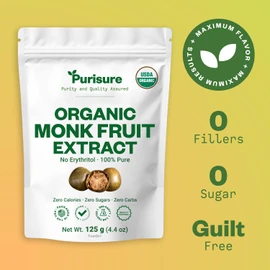 Organic Monk Fruit Sweetener, 125g (4.41oz), No Fillers Pure USDA Organic Monk Fruit Extract Powder with No Aftertaste, Zero Calorie & Zero Carbs, Keto & Paleo Friendly 320-403 Servings