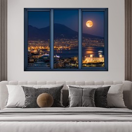 SIGNWIN Removable Wall Sticker/Wall Mural Window View Harvest Moon Neon Light City Nature Wilderness Photography Realism Decorative Landscape Digital Art for Living Room, Bedroom, Office - 36"x48"