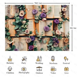 KUKUSOUL 7x5FT Vintage Bookshelf Backdrops Purple and Pink Flowers Floral Book Reading Photo Backdrop Kids Girls Woman Birthday Party Decor Banner Photo Props Supplies KUBDJ1095
