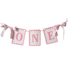 One High Chair Banner - Pink Bow 1st Birthday Banner First Birthday Party Decorations with Double Satin Bows (Pink, One size)