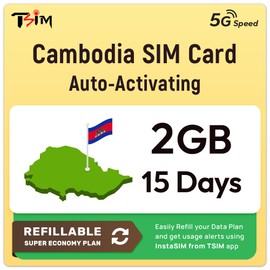 Cambodia SIM Card | 2GB Super Economy Refillable Plan! Auto Activating 15 Day Validity | 5G Speed + Hotspot | Data-Only No Phone Number