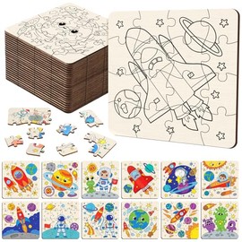 24 Pack Outer Space Color Your Own Wooden Jigsaw Puzzles for Kids Toddler Space Coloring Puzzles Bulk DIY Jigsaw Party Favors Gifts Exchange Classroom Activities Home Educational Game Toy