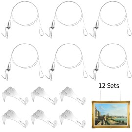 Picture Rail Hanging System with Hook, 66 lb (30 kg) Max Load, Adjustable Wire Hooks Kit, 6.6 ft (2 m) Length Cable with Loop, Picture Hanging Kit (12 Pack)