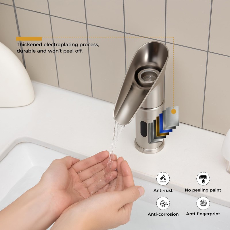 Gangang LED Waterfall Bathroom Touchless Faucet Brush Nickle Automatic Motion