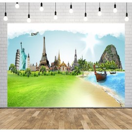 CORFOTO Travel Around The World Backdrop Fabric 5x4ft Global Famous Monuments World Landmarks Background US Statue of Liberty Paris Eiffel Tower Backdrops for Travel Party Decor Adult Portrait Prop