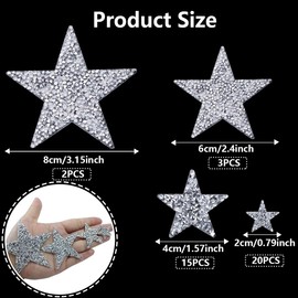 40 PCS Iron-on Star Patches Rhinestone Silver Star Applique Glitter Adhesive Star 4 Sizes Star Shape Patch for Clothing Jeans DIY Repair Decoration