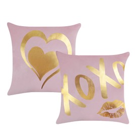 Bonhause Pink Throw Pillow Covers 18 x 18 Inch Gold Foil Heart XOXO Lip Pink Velvet Pillows Case for Sofa Bed Valentines Day Decor Set of 2