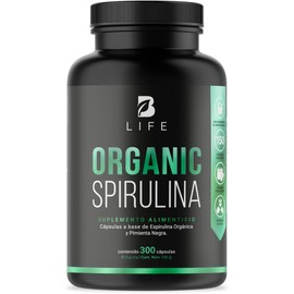 Espirulina Orgánica de 300 Cápsulas 500 mg. Ingredientes naturales: Alga Espirulina. Organic Spirulina B Life