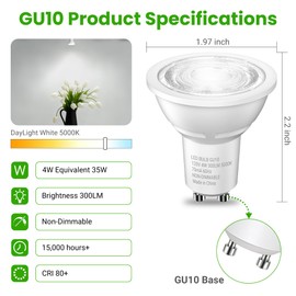 TJOY GU10 LED Light Bulbs Non-Dimmable, 4W, 5000K Daylight White, 300LM, Equivalent 35W, 2 Prong GU10 Bulbs Replacement for Recessed Track Lighting, MR16 LED Bulb for Living Room, Range Hood, 6 Pack