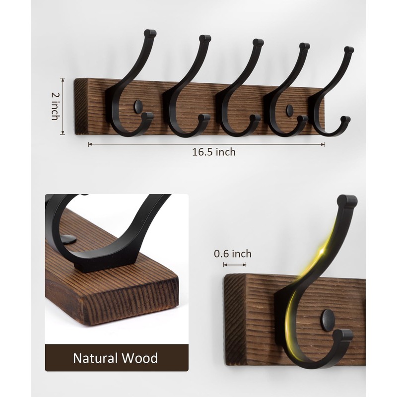 Optish Coat Rack Wall Mount, 16.5 Inches Wood Coat Hooks,