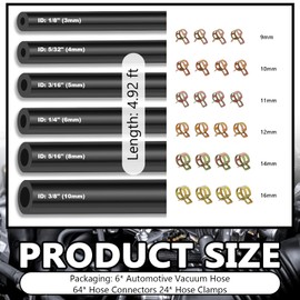 94PCS 5Ft Vacuum Hose Automotive Set,6 Sizes 3/8",5/16",1/4",3/16",5/32",1/8" Silicone Vacuum Lines Kit with 64 Connectors & 24 Clamps,High Temp Resistant Vacuums Hose Kit (94PCS)