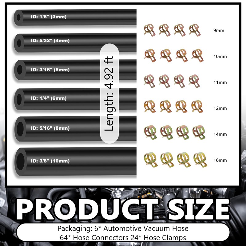 94PCS 5Ft Vacuum Hose Automotive Set,6 Sizes 3/8",5/16",1/4",3/16",5/32",1/8" Silicone Vacuum