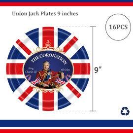 16Pcs King Charles Coronation 9 inch Paper Plates Party Decorations,Union Jack Paper Plates,Great Britain UK Flag Plates Kings Coronation Party Supplies Tableware Plates for Events,Street Party