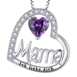YL Mama Necklace 925 Sterling Silver Engraving "I Love You" Cut 12 Birthstones Zirconia Mum Pendant Chain for Women, Silver, Amethyst