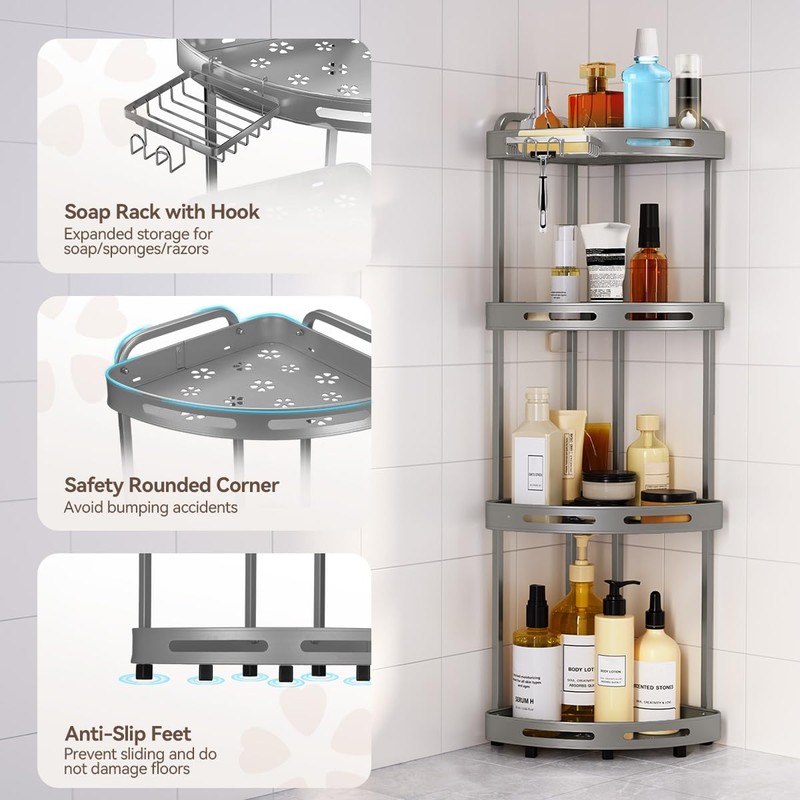 Binecer Corner Shower Caddy Stand, 4 Tier Standing Shower Organizer
