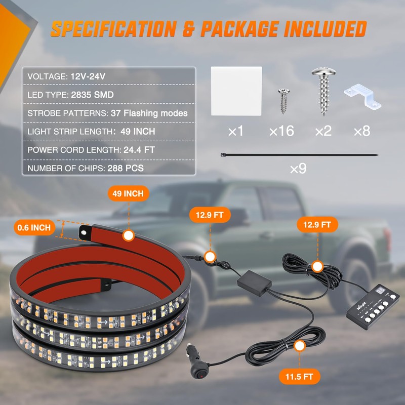 Nilight 49 Inch Emergency Strobe Light Strips with Controller Amber