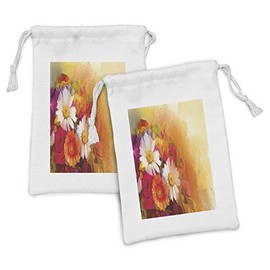 Lunarable Floral Fabric Pouch Set of 2, Vivid Flower Bouquet with Roses Daisy Gerbera Blossoms Flourishing Artwork, Small Drawstring Bag for Toiletries Masks and Favors, 9" x 6", Orange Magenta White