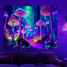 SparkLia Fantasy Mushroom Tapestry Blacklight Neon Glow Forest Tapestry Wall Hanging Magical Landscape Wall Art for Bedroom - 80 x 59 inches