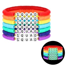 Sureio 7 Pcs Friendship Beads Bracelets Stretchy Acrylic Clay Glow Bracelets for Best Friend Girls Women, Colorful(SQUAD)