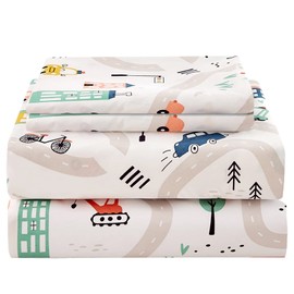 JSD Car Kids Printed Sheet Set Full Size, 4 Piece Soft Microfiber Bed Sheets Deep Pocket