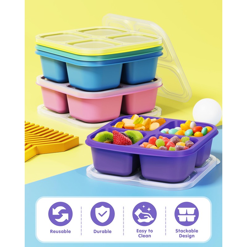 5 Pcs Bento Snack Containers, Reusable 4 Compartment Divided Food