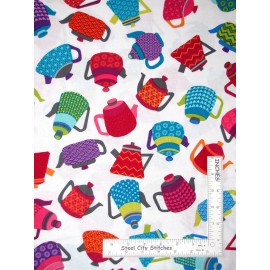 Benartex - Kanvas Studios Fabric  Teapot Tea Pots Toss White Cotton Fabric Kanvas Studio Love Brewing By The Yard