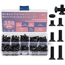 Zmbroll 250 Pieces M 4 Flat Head Machine Screw Black Cross Bolt Nut Set M 4 x 6 mm 10 mm 12 mm 16 mm 18 mm 20 mm