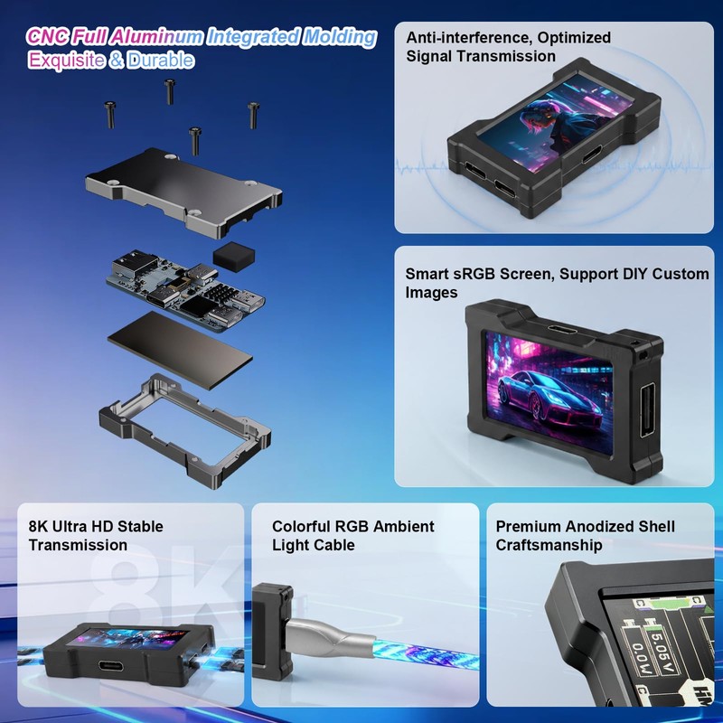 USB C Hub Docking Station with 1.9”IPS Smart Display, Power
