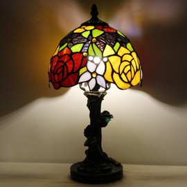 Small Tiffany Table Lamp Stained Glass Desk Lamp Red Yellow Rose Style Bedside Desk Light Mini Accent Desk Memory Lamp 8X15 Inch
