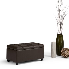 Simpli Home Sienna 34 inch Wide Rectangle Lift Top Storage Ottoman Bench in Chocolate Brown Tufted Faux Leather, Footrest Stool, Coffee Table for the Living Room, Bedroom and Kids Room, Traditional