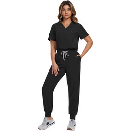 SOEDZUNG Women's Scrubs Set V-Neck Top & Stretch Pants, Breathable Nurse Uniform with Multiple Pockets for Nurses, Doctors, Medical Professionals(Black,S)