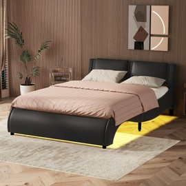 Full Size Upholstered Platform Bed with LED Lights Underneath,LED Bed Frame,Faux Leather Upholstered Bed Frame with Headboard and Slatted for Kids,Tees,Adults(Full,Black)