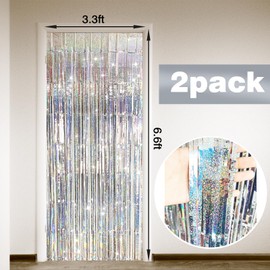 2 Pack Shiny Silver Tinsel Foil Fringe Curtains Party Streamers Party Photo Backdrop for Birthday Wedding Engagement Christmas Baby Shower Bachelorette Decoration