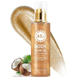 Body Shimmer Oil,Body Glow Oil with Coconut,SPF 45 Sunscreen,GlowsSunscreen | Shimmer Body Oils with Gold Mica,Glow Oils for Bodys,Hydrating & Quick Absorption,Water Resistant for Face & Bodys