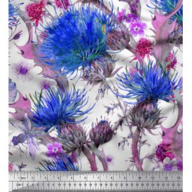 Soimoi Blue Silk Fabric Leaves & Clover Flower Printed Fabric 1 Yard 42 Inch Wide