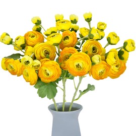VIKINGS PANDA 3pcs Ranunculus Artificial Flowers Long Stem, 21.6in Silk Flowers for Indoor Home Decor(Yellow)