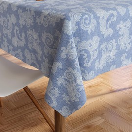 Encasa XO 8 to 10 Seater Dining Table Cloth 145x300 cm (57x118 in) I Floral Blue Jacquard Style Print on Chambray Homespun Cotton I for Family Gatherings, Parties I Washable