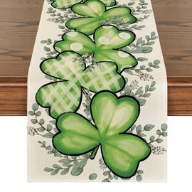 Artoid Mode Clover Shamrocks Eucalyptus Buffalo Plaid St.Patrick's Day Table Runner, Seasonal Kitchen Dining Table Runner for Home Party Decor 13x48 Inch