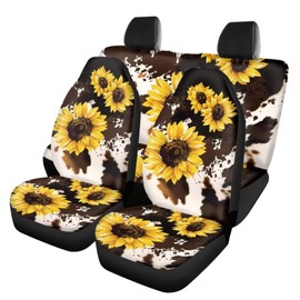Howilath Cows Sunflowers Print Car Seat Covers Full Set(4 Pack),Split Front Seat and Rear Back Bench Covers Universal for Most Cars Trucks Suvs