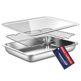 WAGENSTEIGER Stainless Steel Food Prep Pan Set with Rack & Transparent Lid, Casserole Dish, Roasting Pan for Oven, Buffet or Marination Use(No.3)