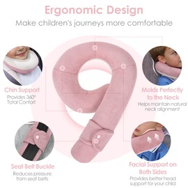WENRENER Kids Travel Neck Pillow, Comfortable Head & Chin Support for Car seat & Airplane, Toddler Pillow for Sleeping on Road Trip, Gifts for Child (Pink & Beige)