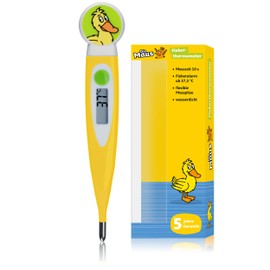 DieMaus Digital Fever Thermometer for Children, Short Measurement Time Approx. 10 Seconds, Flexible Tip, Fever Alarm from 37.5°C, Waterproof, Memory Display
