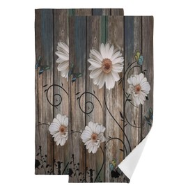 YOCIBIUT Rustic Daisy Hand Towels for Bathroom Set of 2,Absorbent Microfiber Floral Butterfly American Country Brown Kitchen Towels 14"x28",Farm Decorative Bathroom Towels for Bath,Guest,Face,Shower