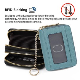 imeetu RFID Credit Card Holder, Small Leather Double Zipper Card Case Wallet for Women (Max,Peacock Blue)